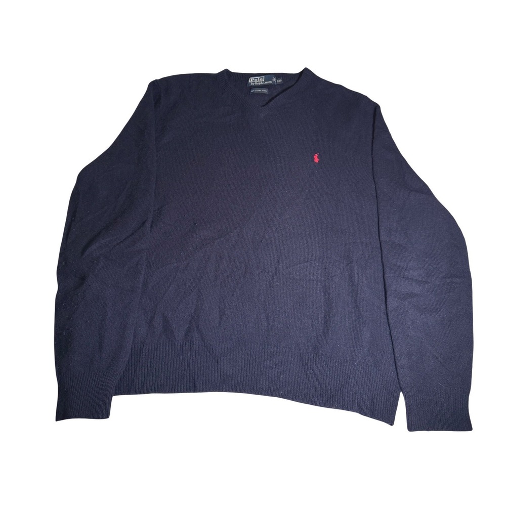 Polo Ralph Lauren Navy Blue V Neck Lambswool Sweater Mens XXL Classic‎ Preppy